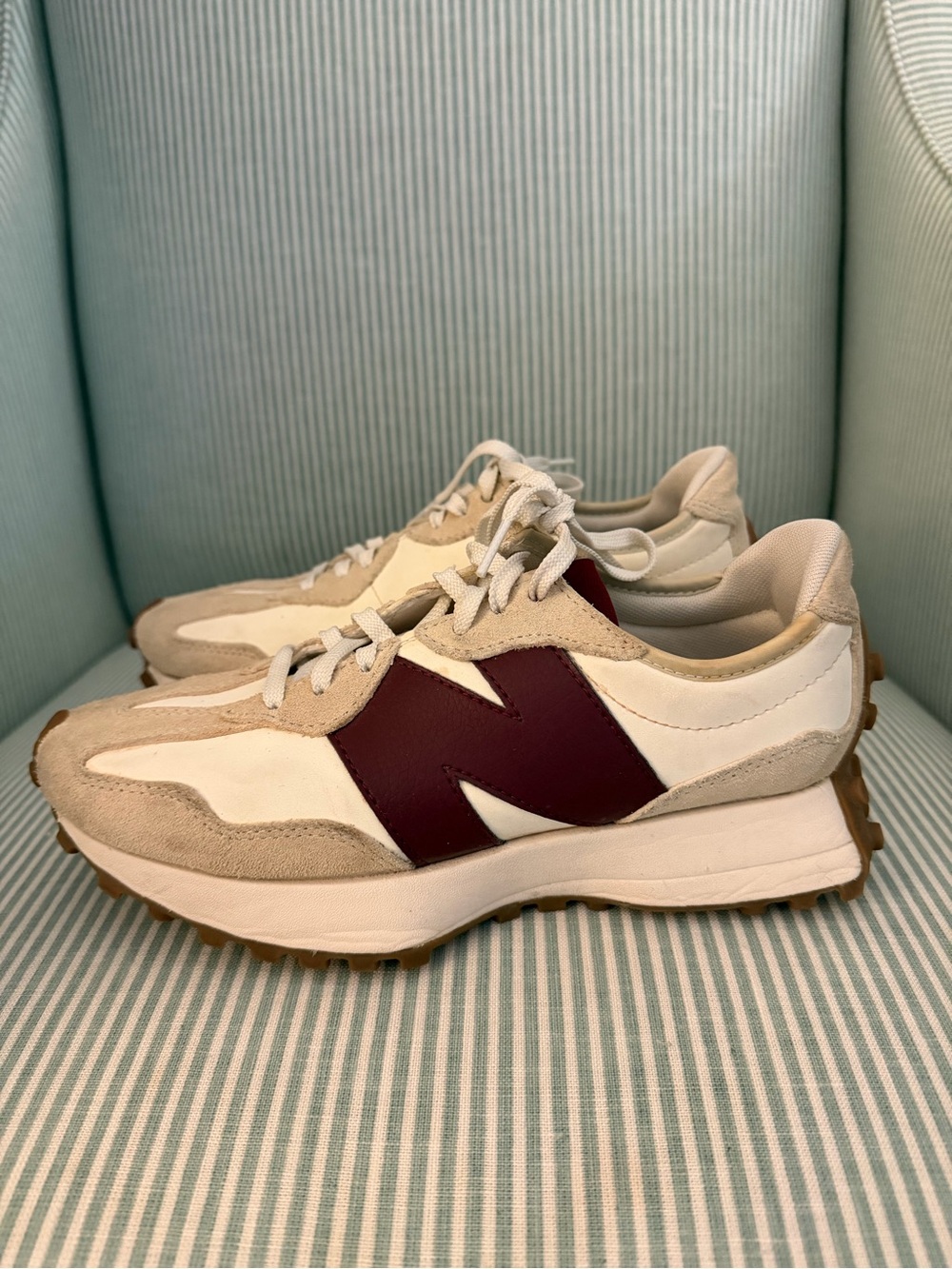 New Balance Women's White Cream and Burgundy Retro-Style Lace-Up 327 Sneakers
